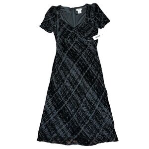 DKNY Black Grey Velvet Fit Flare V Neck Short Sleeve Midi Dress NWT Women 6